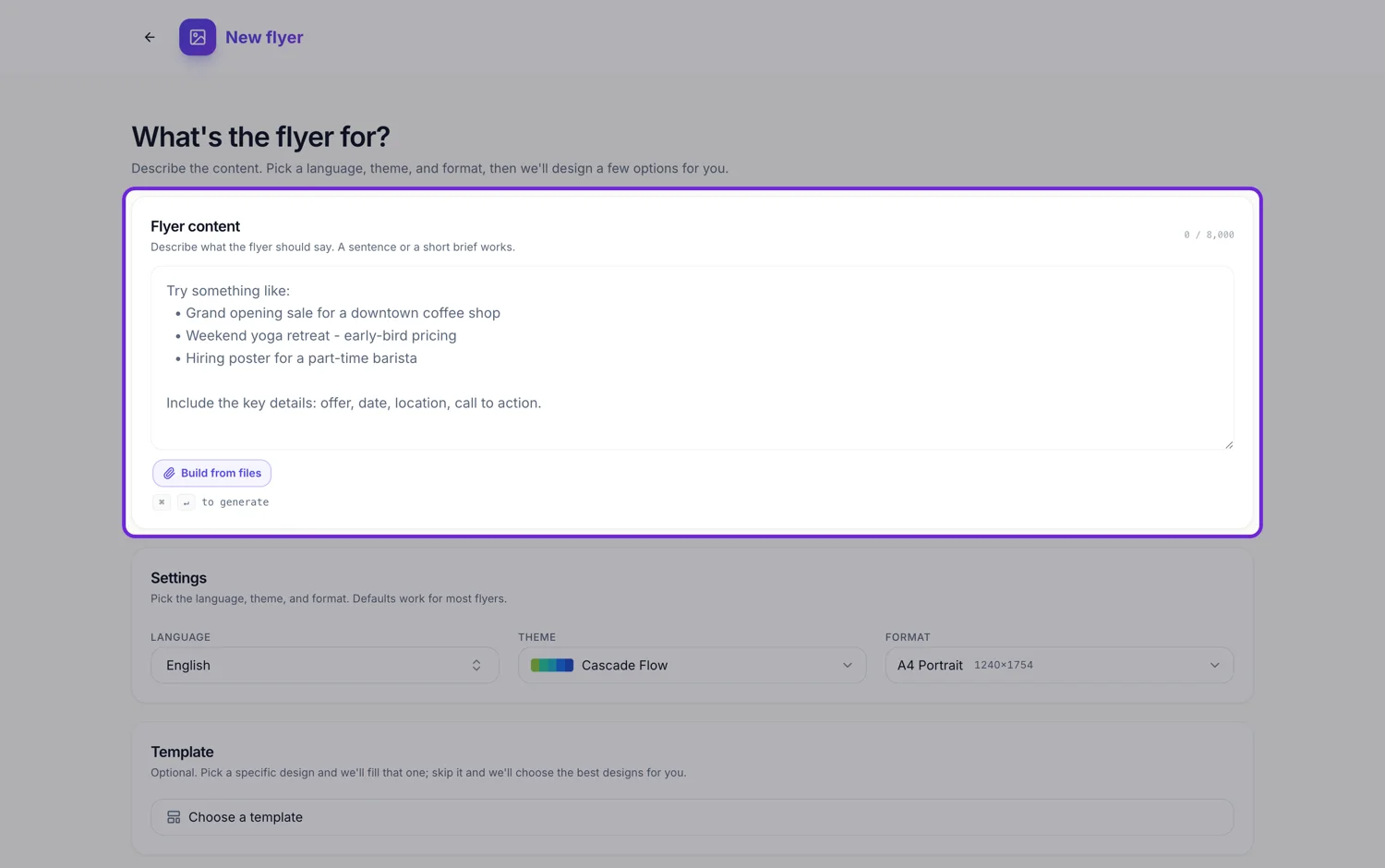 The flyer generator with the brief box highlighted