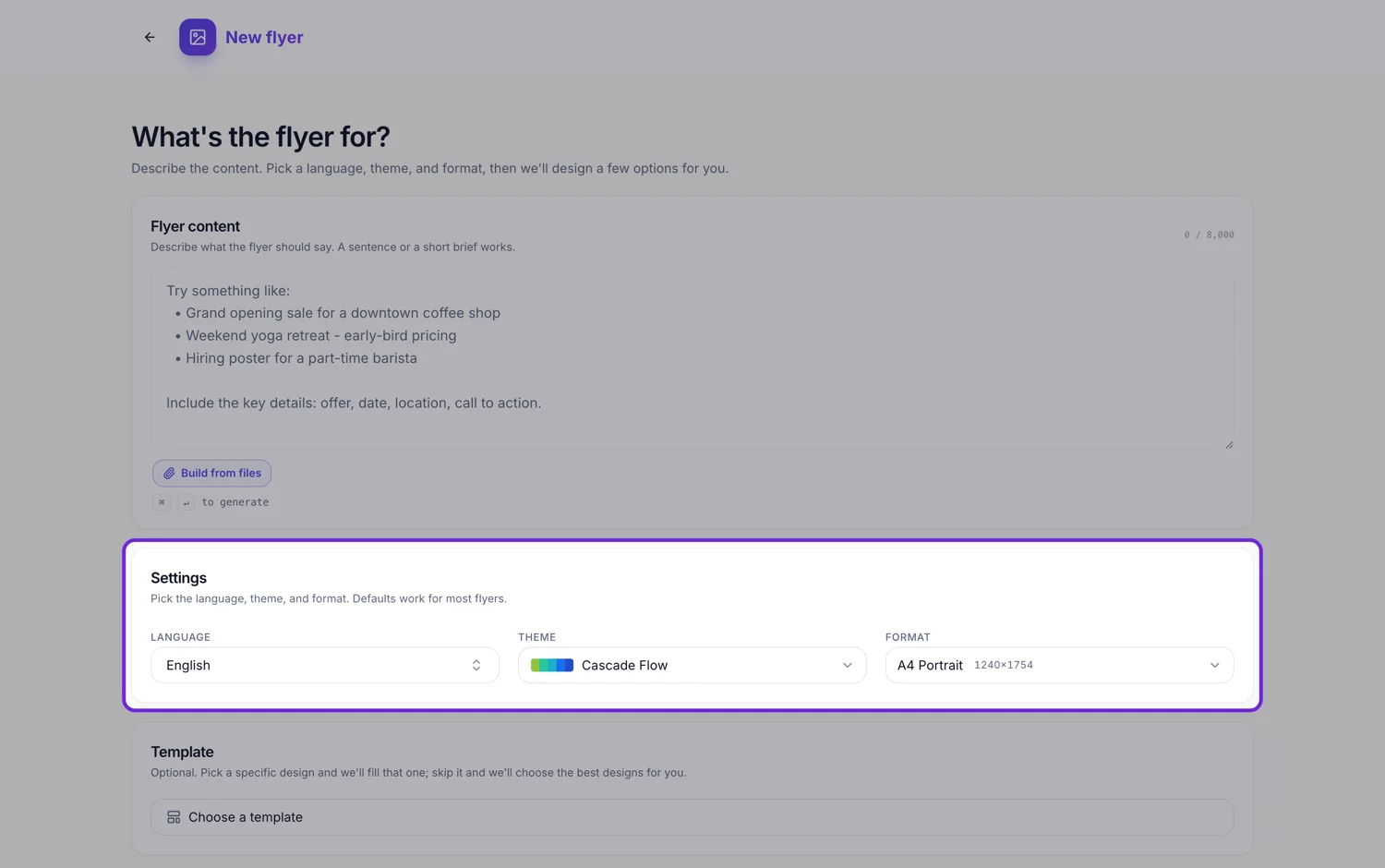 The language, theme and format settings in the flyer generator, highlighted