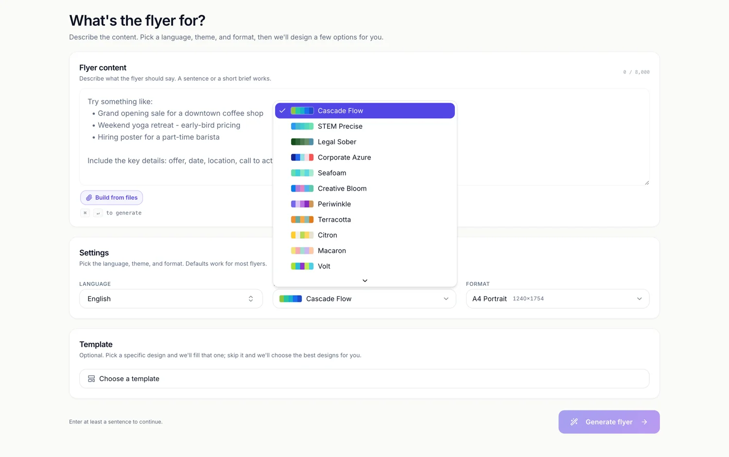 The flyer theme picker open in the generator