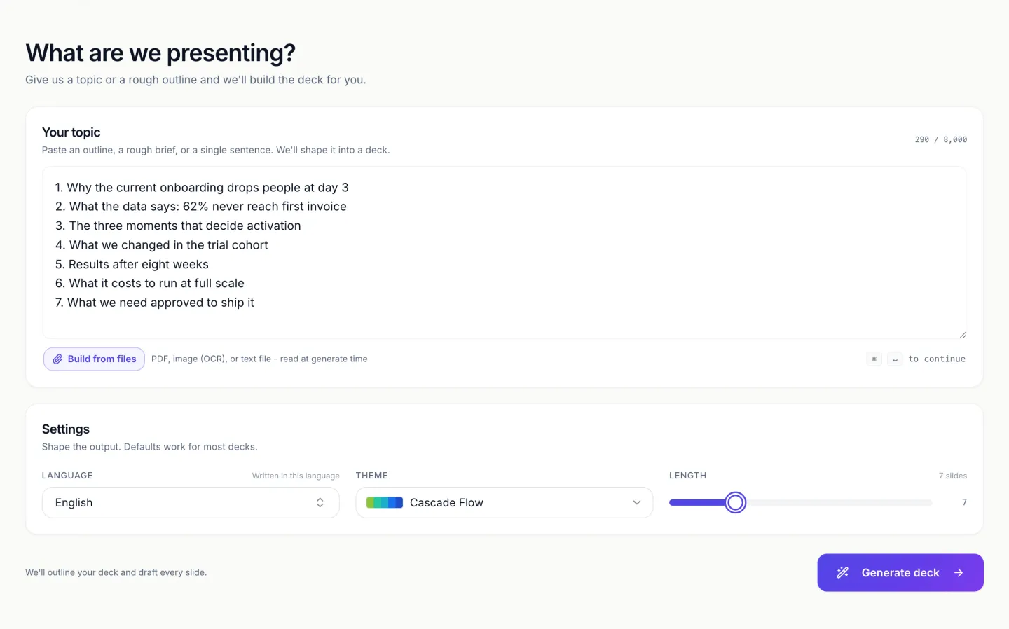 The slide generator with a numbered seven point outline pasted in and the length set to seven
