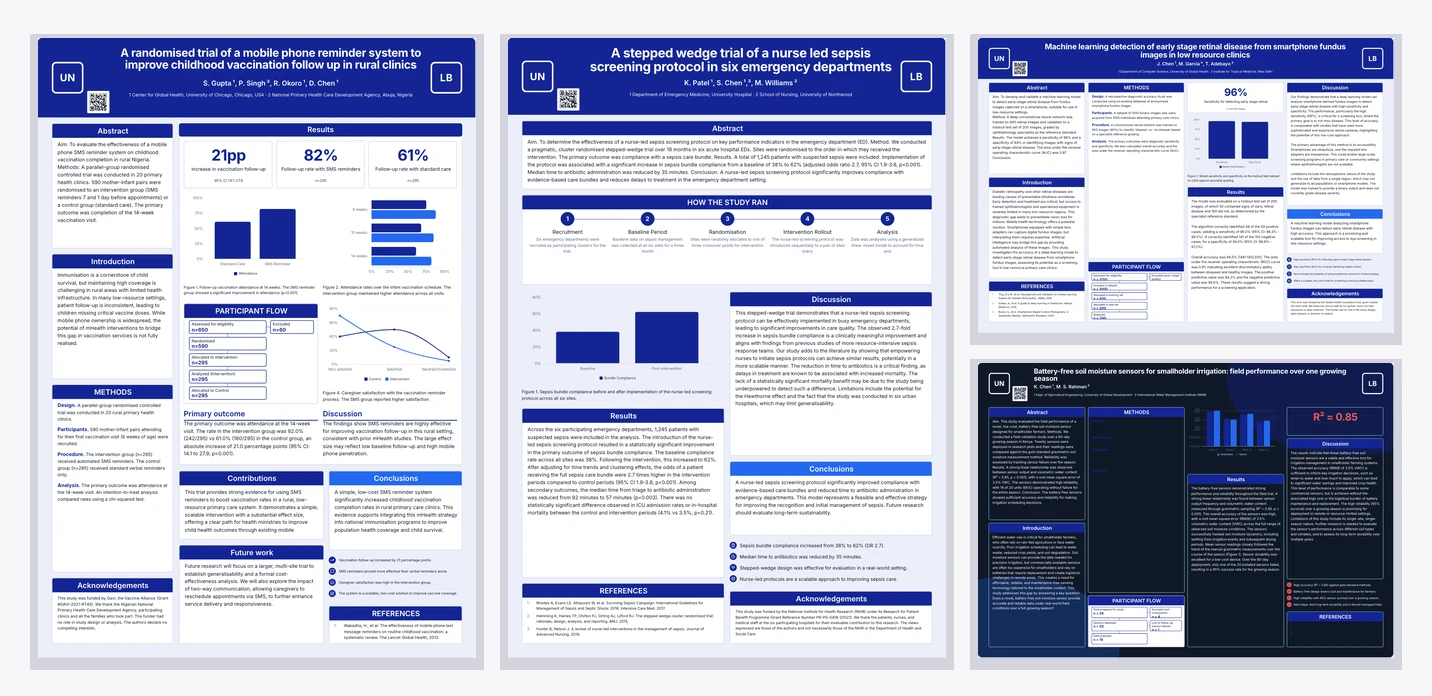Four AI generated conference posters: a vaccination reminder trial, a sepsis stepped wedge trial, a retinal screening study and a soil sensor field trial