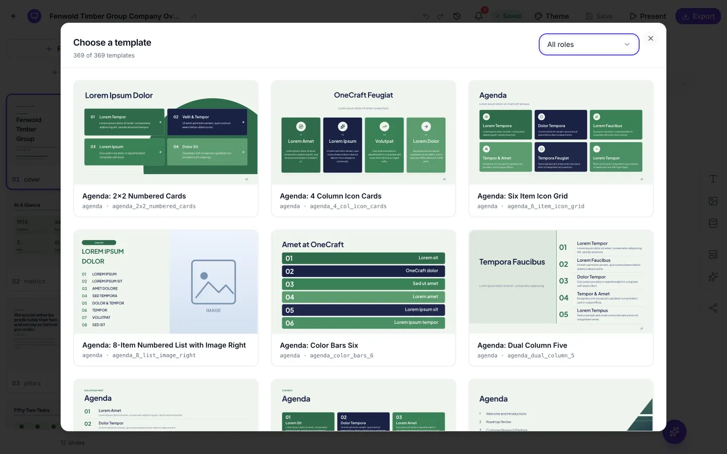 The template picker open over a deck, showing 1,071 layouts rendered in the deck theme