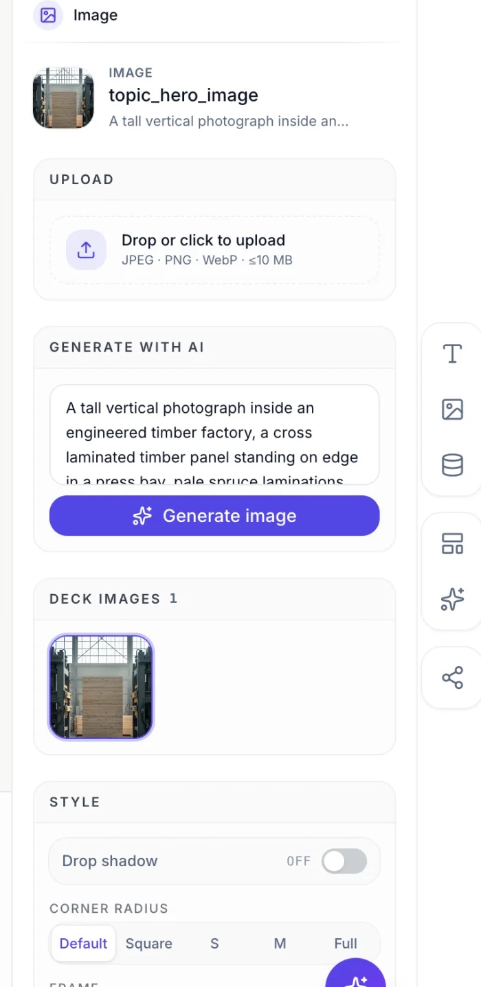 The image inspector showing the upload control, the AI description, the deck image list and the style controls