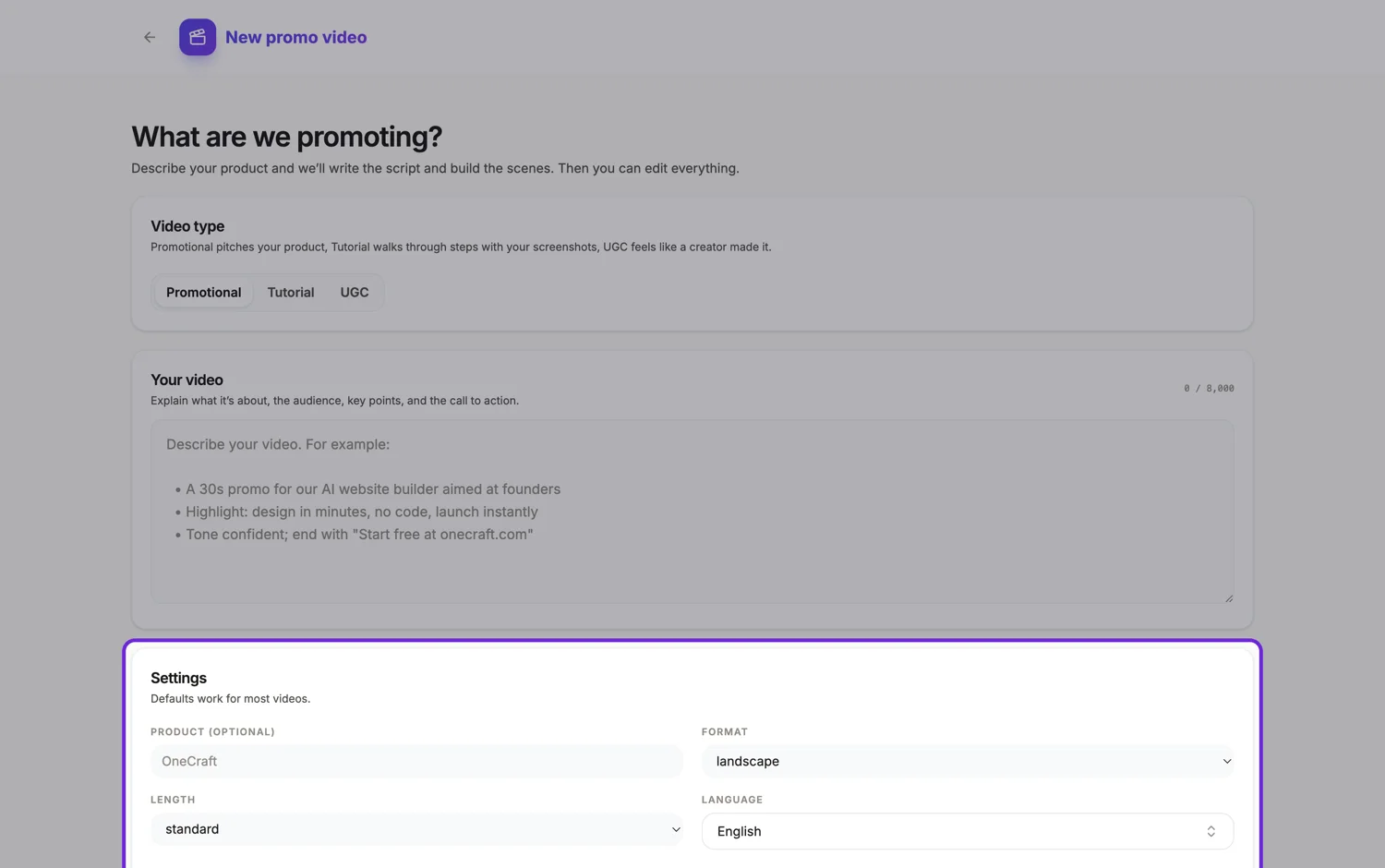 The product, format, length and language settings in the video generator, highlighted