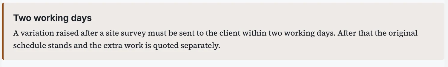 A warning callout in a procedure about a two working day deadline
