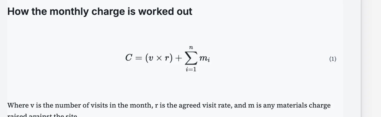 A numbered LaTeX equation for a monthly charge, with its variables explained underneath