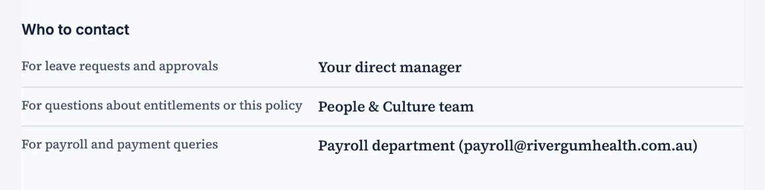 A key values block in a leave policy listing who to contact for three kinds of question