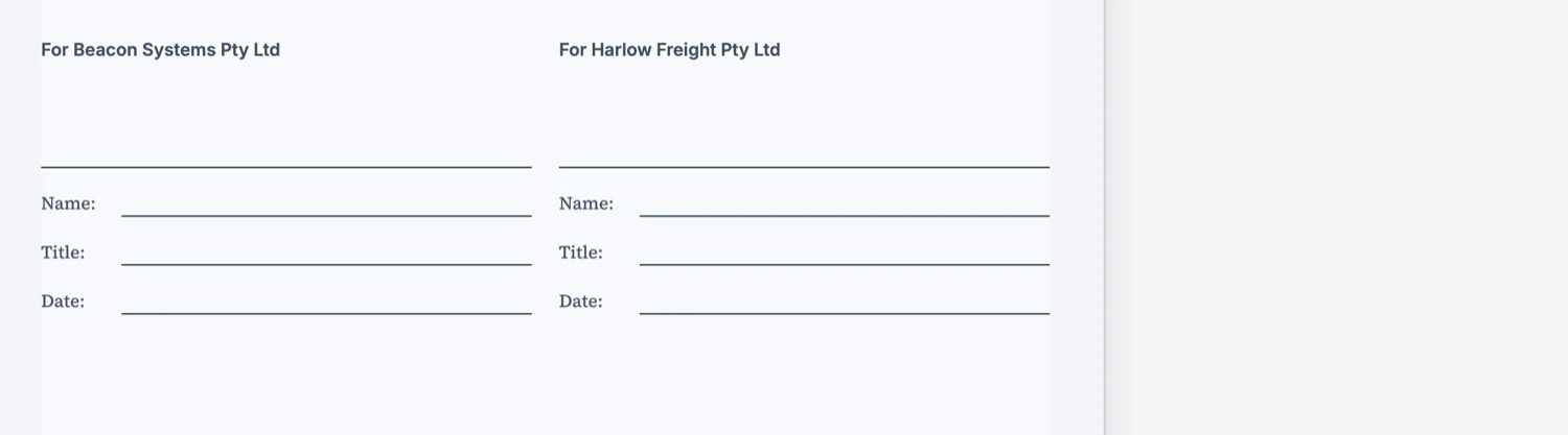 Two signature blocks side by side in an agreement, each with Name, Title and Date lines