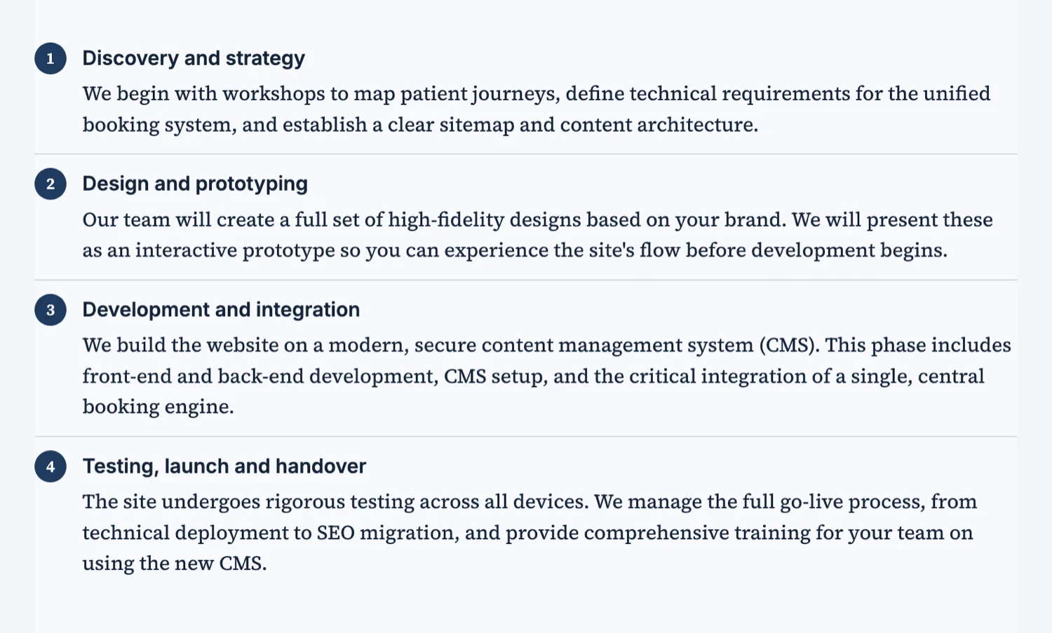 A project timeline in a proposal showing the delivery phases