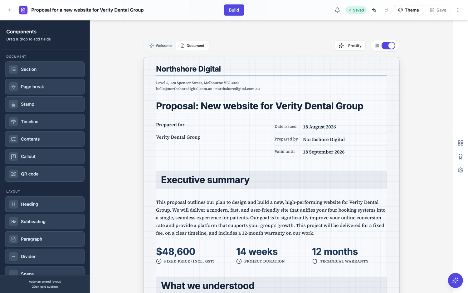 A website proposal open in the document builder with the block toolkit on the left