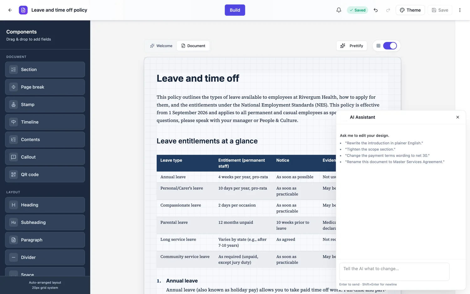 The AI assistant panel open beside a leave policy, suggesting rewrites