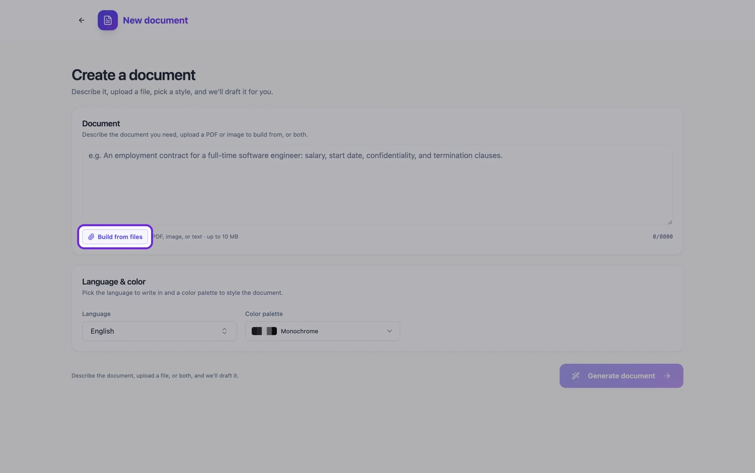 The Build from files button in the document generator, highlighted