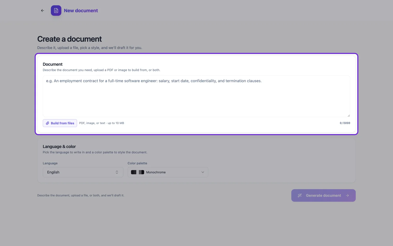 The document generator with the description box highlighted
