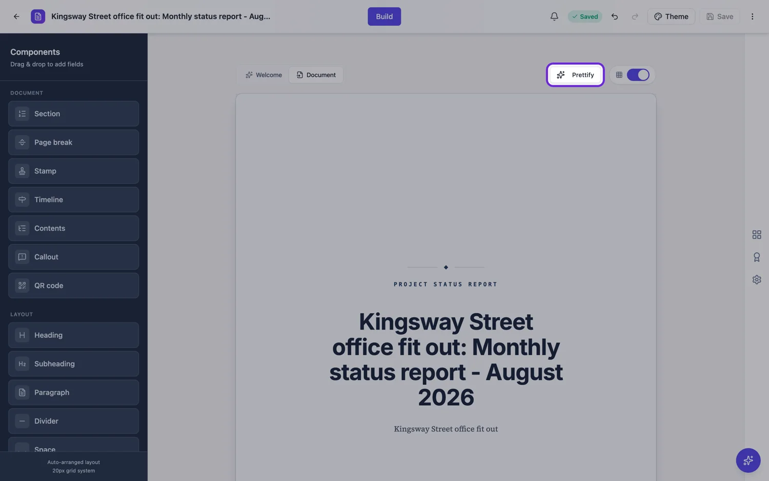 The Prettify button highlighted in the document builder