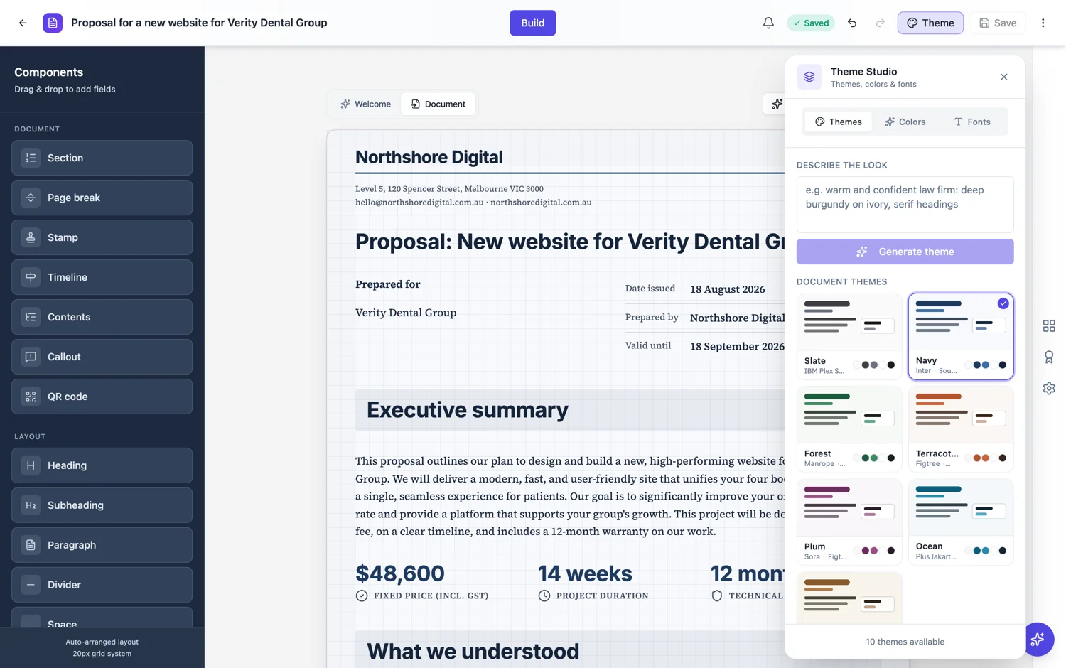 Theme Studio open on a document, showing the ten built-in document themes