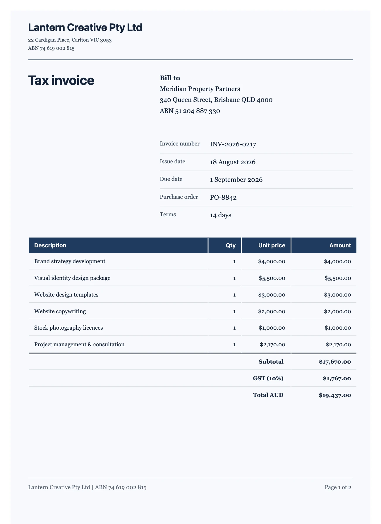 A tax invoice rendered as a full A4 page