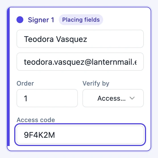 A recipient card in the envelope editor with Verify by set to Access code and a code typed into the Access code box