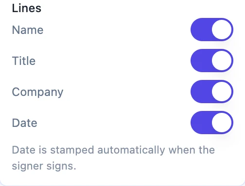 The Lines panel for a signature block, with Name, Title, Company and Date all switched on
