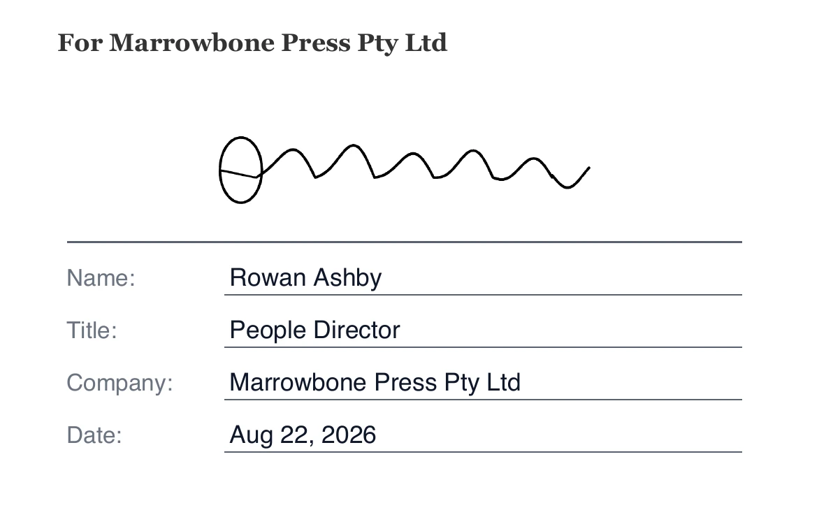 A signed signature block on an offer letter, with the drawn signature above Name, Title, Company and Date lines filled in
