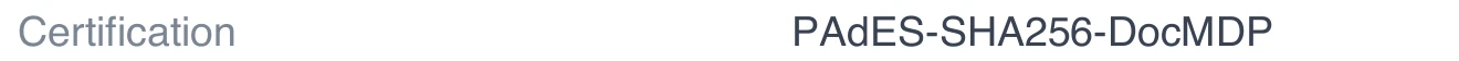 The Certification row of a certificate of completion, reading PAdES-SHA256-DocMDP with no timestamp named