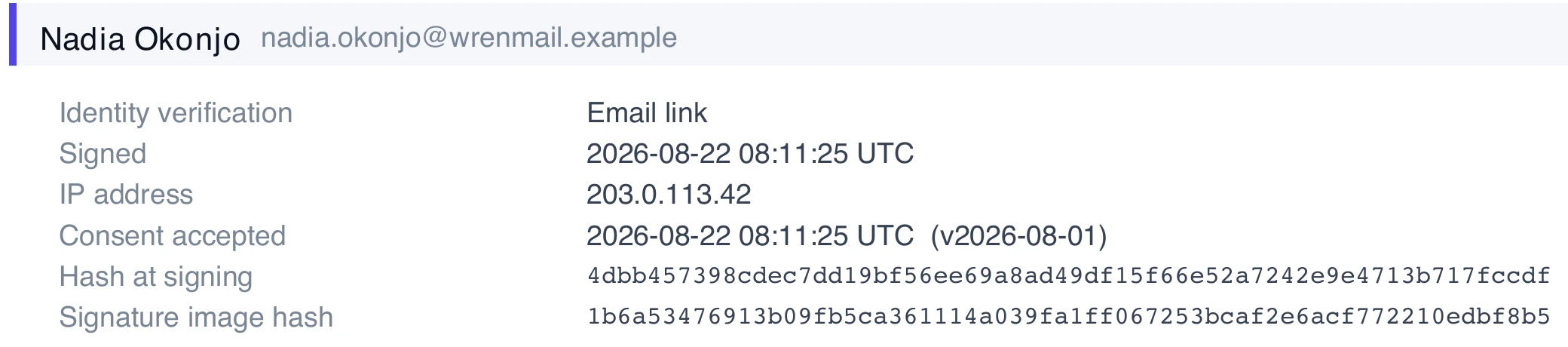 The signer section of a certificate of completion, showing identity verification, signing time, IP address, consent version and two hashes