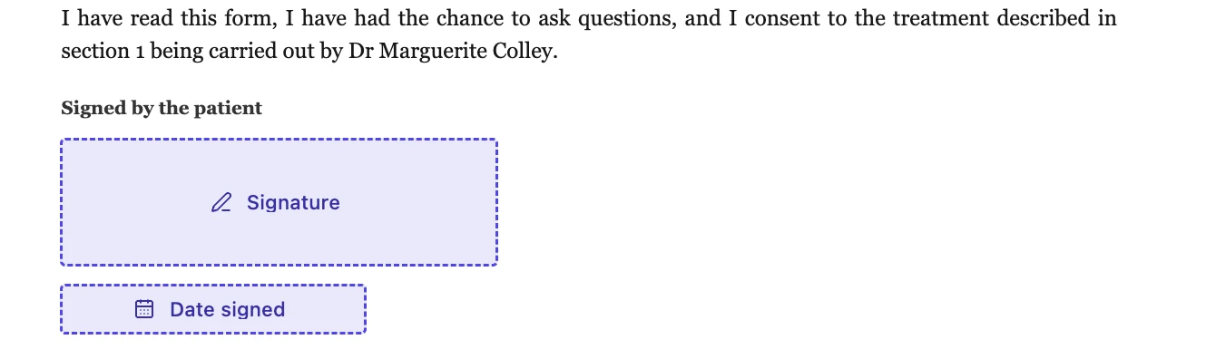 The signature area of a dental consent form in the envelope editor, with a signature field and a date field under the patient statement
