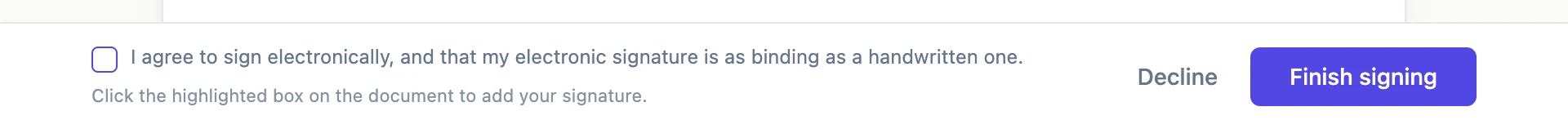 The consent line a signer must tick, stating that an electronic signature is as binding as a handwritten one, beside Decline and Finish signing