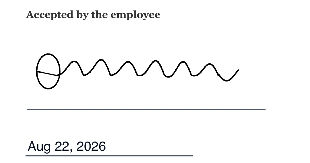 The employee signature area of a signed offer letter, with a drawn signature above the rule and the date printed underneath