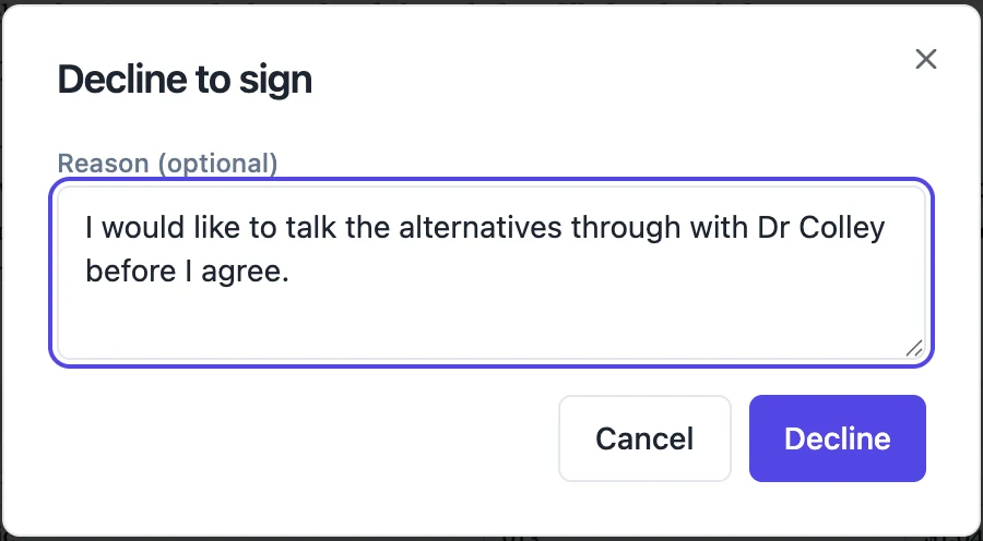 The Decline to sign dialog in the signer portal, with a reason typed into the optional box