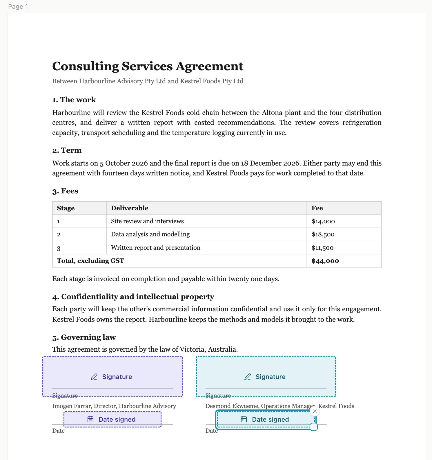 A consulting agreement in the field editor with a signature and a date field placed on each signing line, colour coded per signer