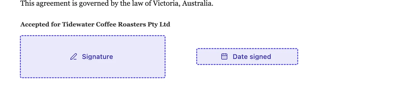 The acceptance area of a design services agreement in the envelope editor, with a signature field and a date field for the client