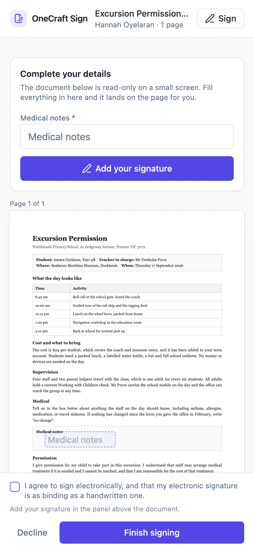 The signer portal on a phone, with a Complete your details panel above a read-only document and a fixed consent bar at the bottom