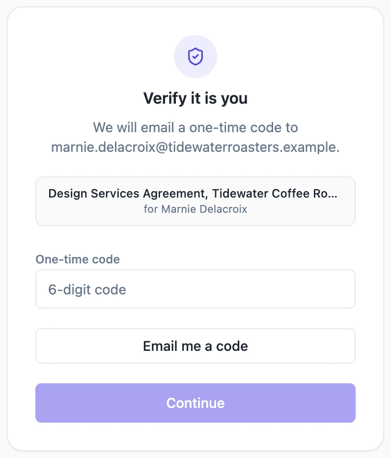 The signer's verification card asking for a one-time code, with an Email me a code button and the document title above it
