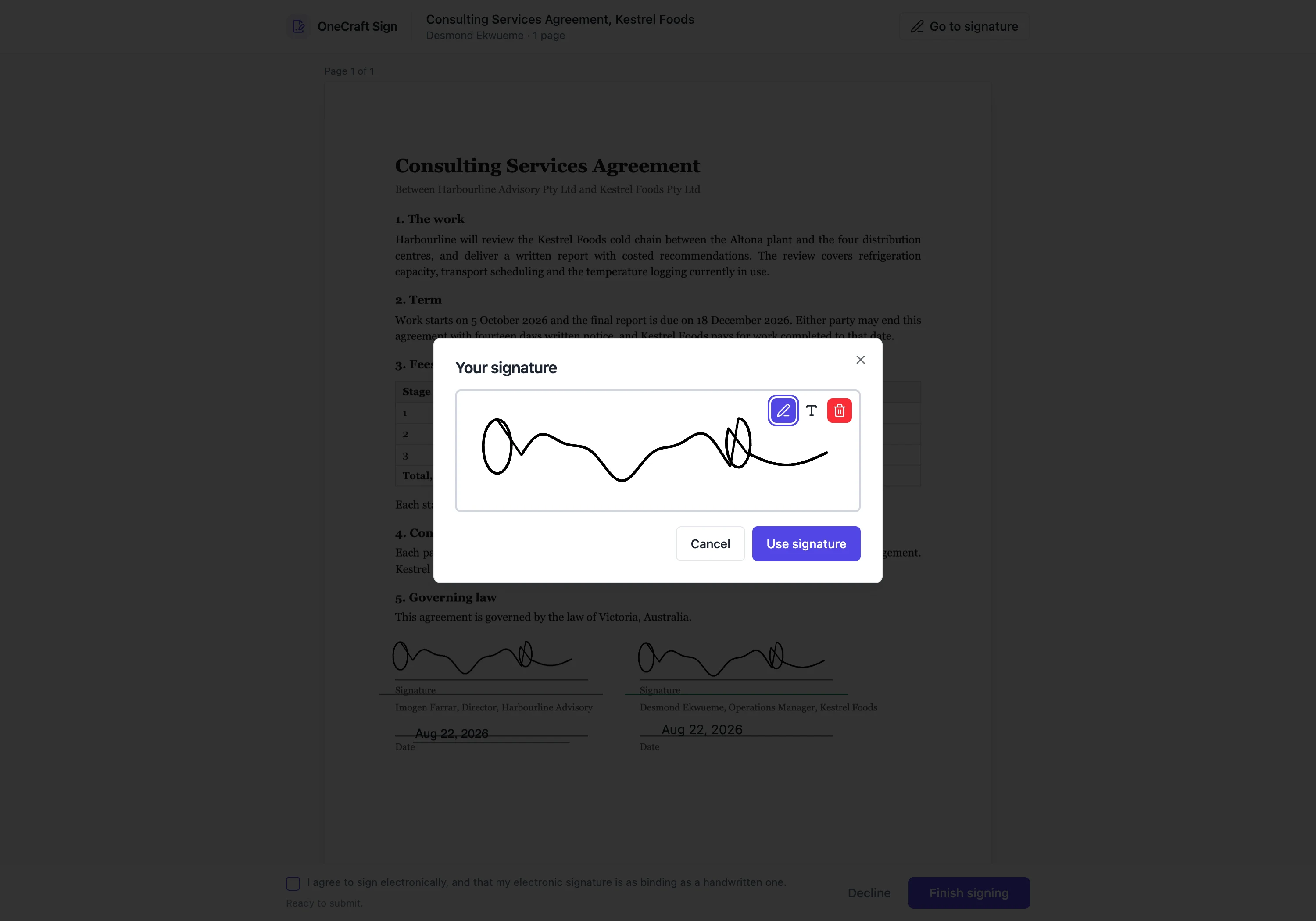 The signature dialog with a signature drawn by hand and a toggle between drawing and typing