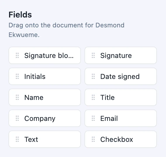 The field palette showing signature block, signature, initials, date signed, name, title, company, email, text and checkbox