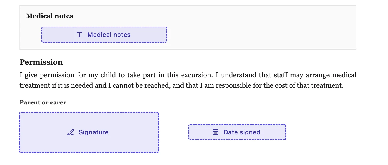 An excursion permission slip in the envelope editor, with a text field in the medical notes box and a signature and date field under Parent or carer