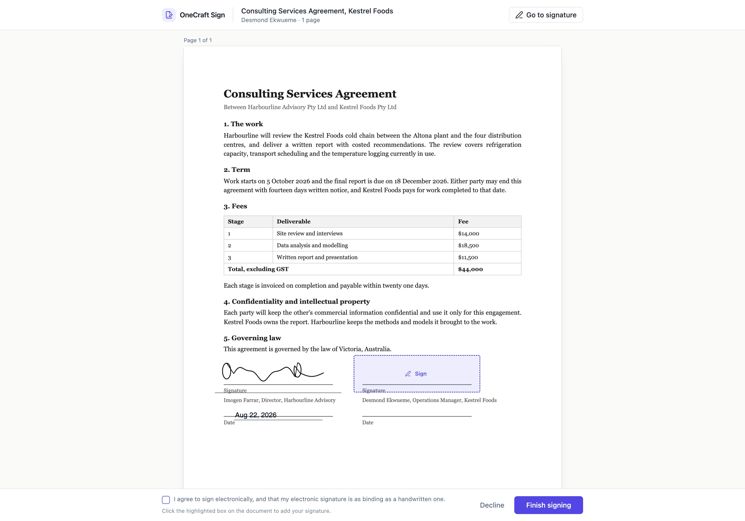 The signer view of a consulting agreement, with the signature box highlighted on the page and the consent line underneath