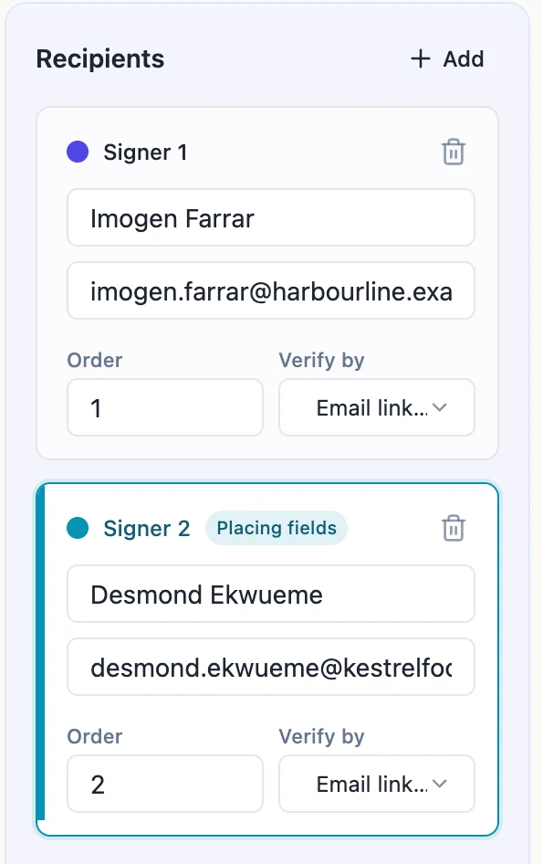 The recipients panel with two named signers, each with an email, an order number and a verification method