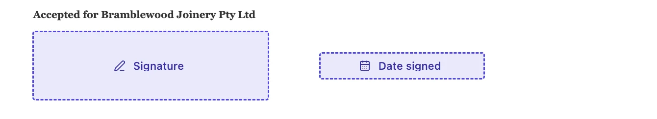 The acceptance line of a quotation in the envelope editor, with a signature field and a date field placed under it