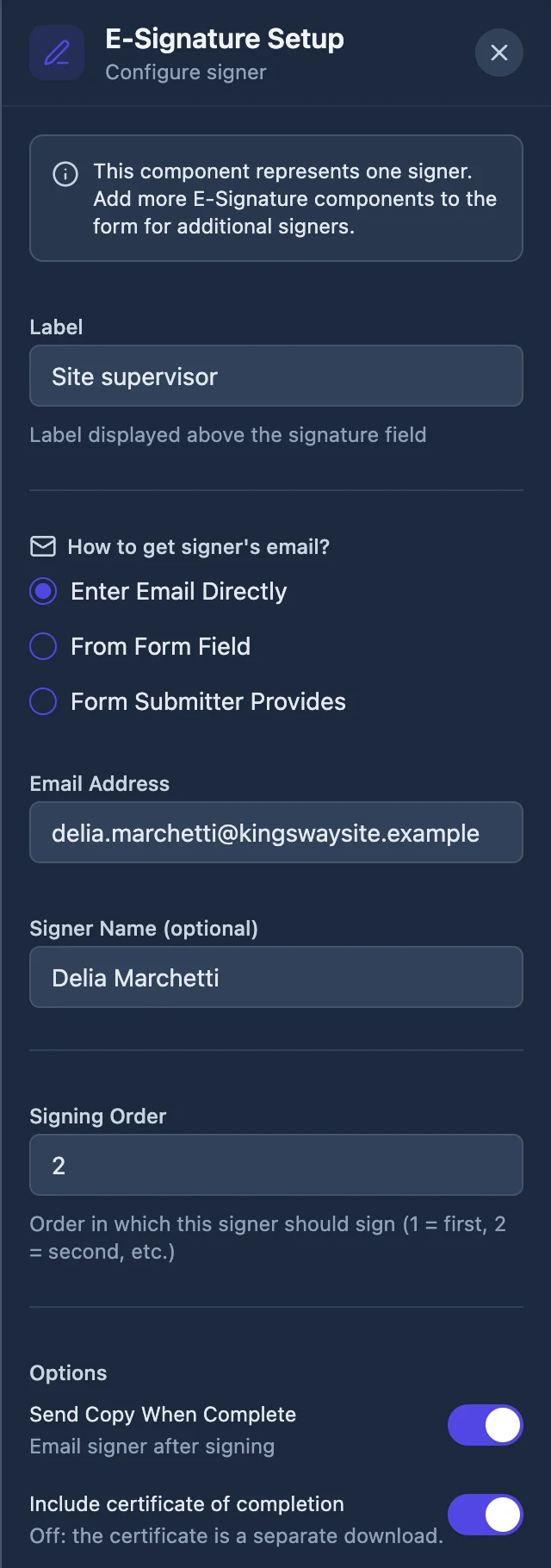 The E-Signature Setup panel on a form, with the signer's email entered directly, a signing order of 2 and both options switched on