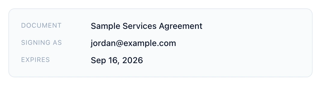 The document, signing as and expires panel from a signature request email