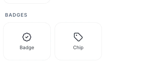 The badges section of the flyer element panel, offering a badge and a chip