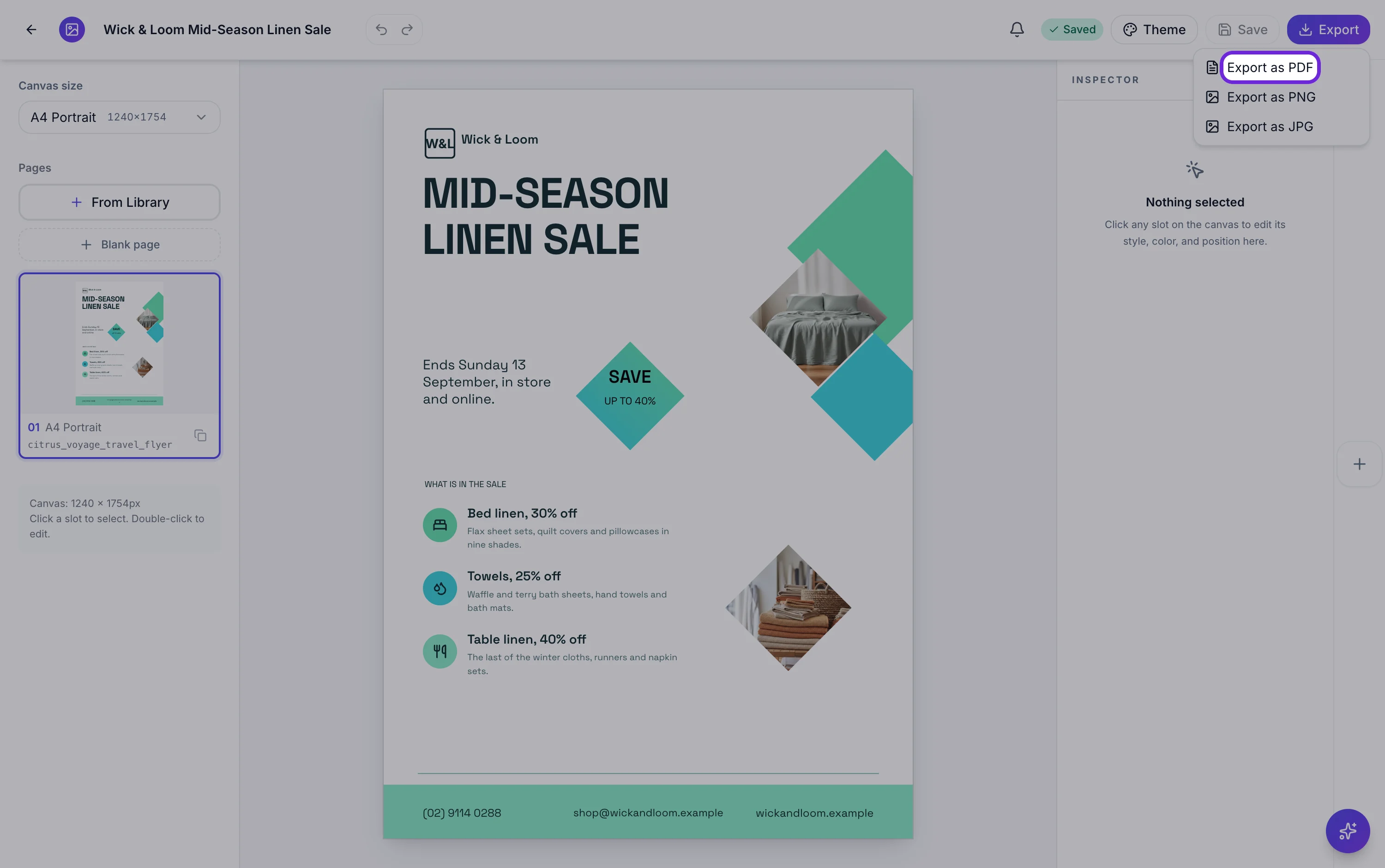 The flyer Export menu open with Export as PDF highlighted