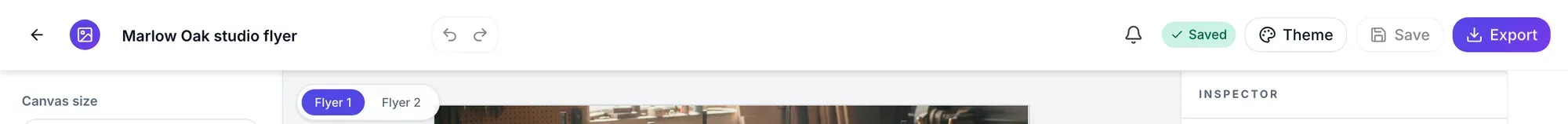 The flyer builder top bar with undo and redo buttons, and the Flyer 1 and Flyer 2 switcher over the canvas