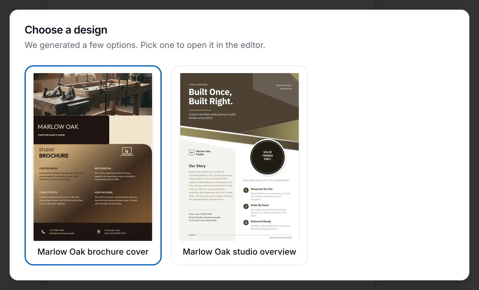 The Choose a design dialog showing two finished flyer designs side by side
