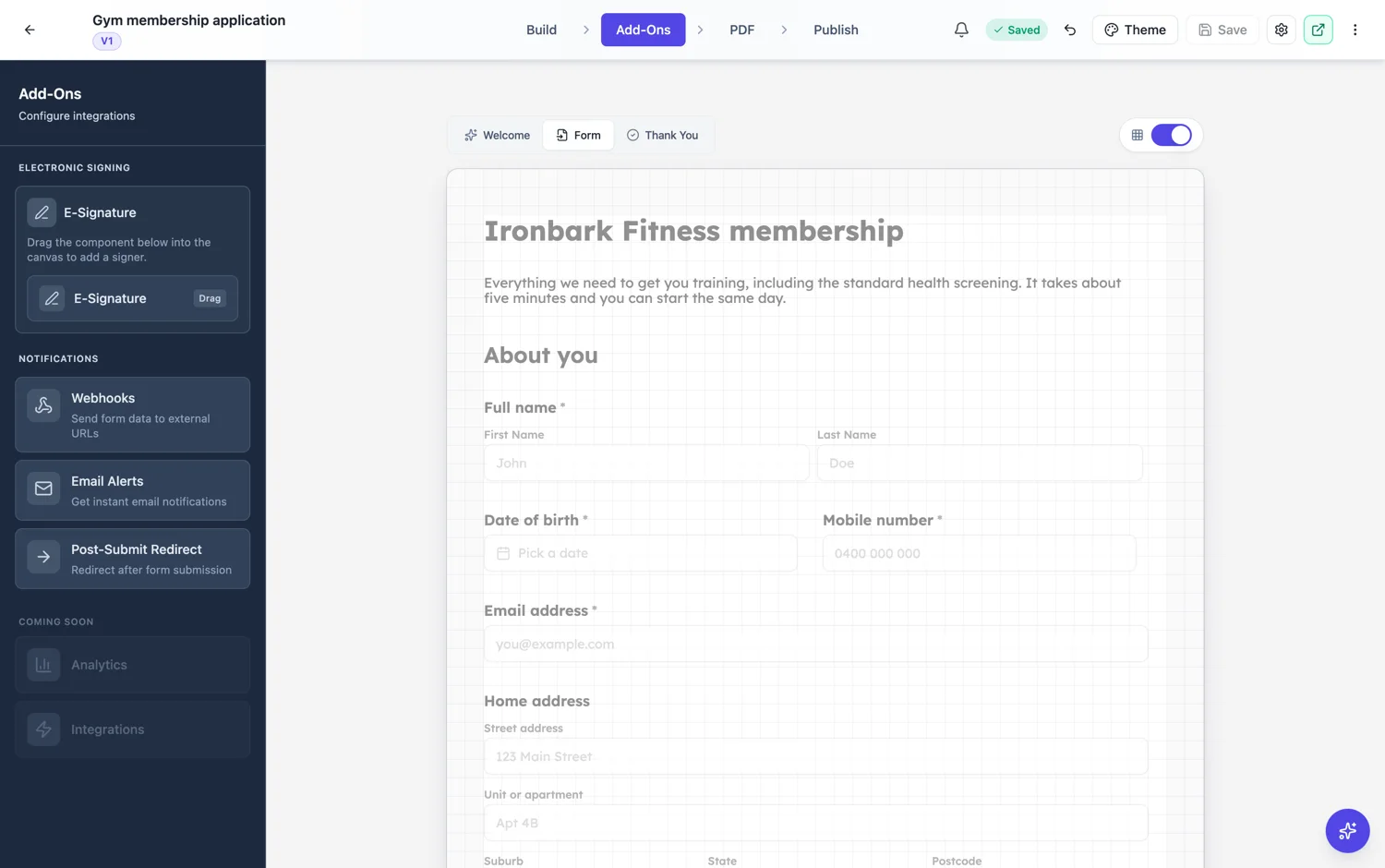The Add-Ons panel of the form builder showing e-signature, webhooks, email alerts and post-submit redirect