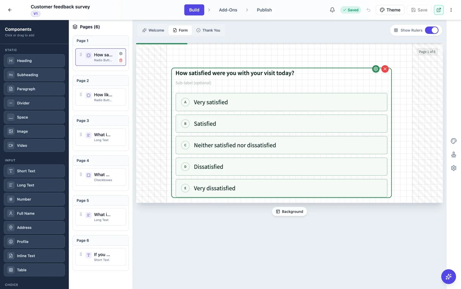 The conversational form builder with the page rail on the left and one question on the canvas