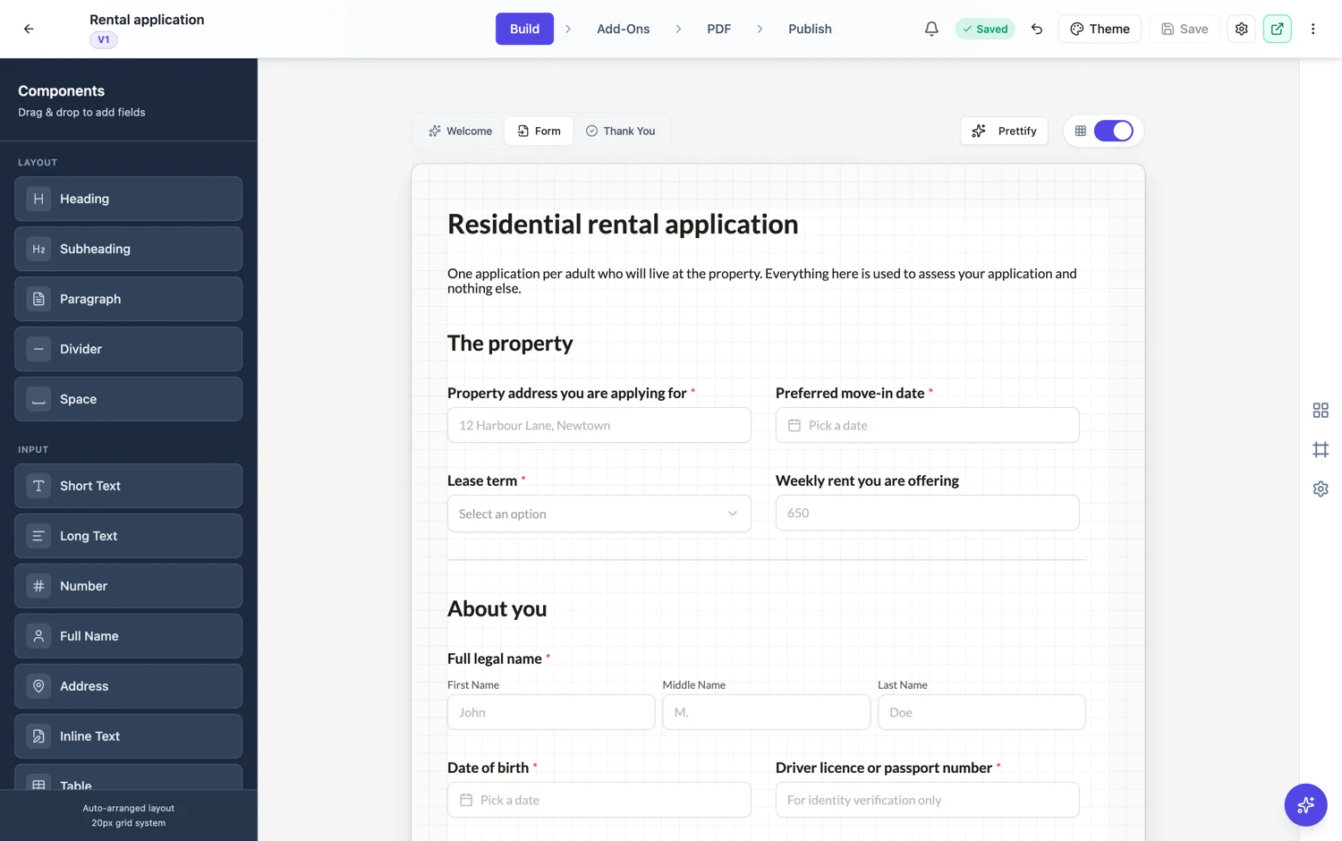 A long residential rental application form open in the classic builder