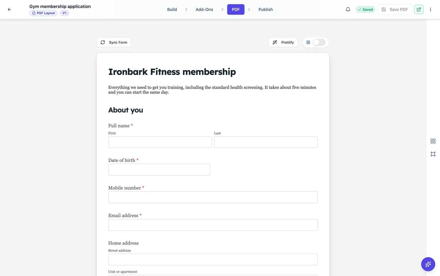 The PDF tab of the form builder showing the printed arrangement and the Sync Form button