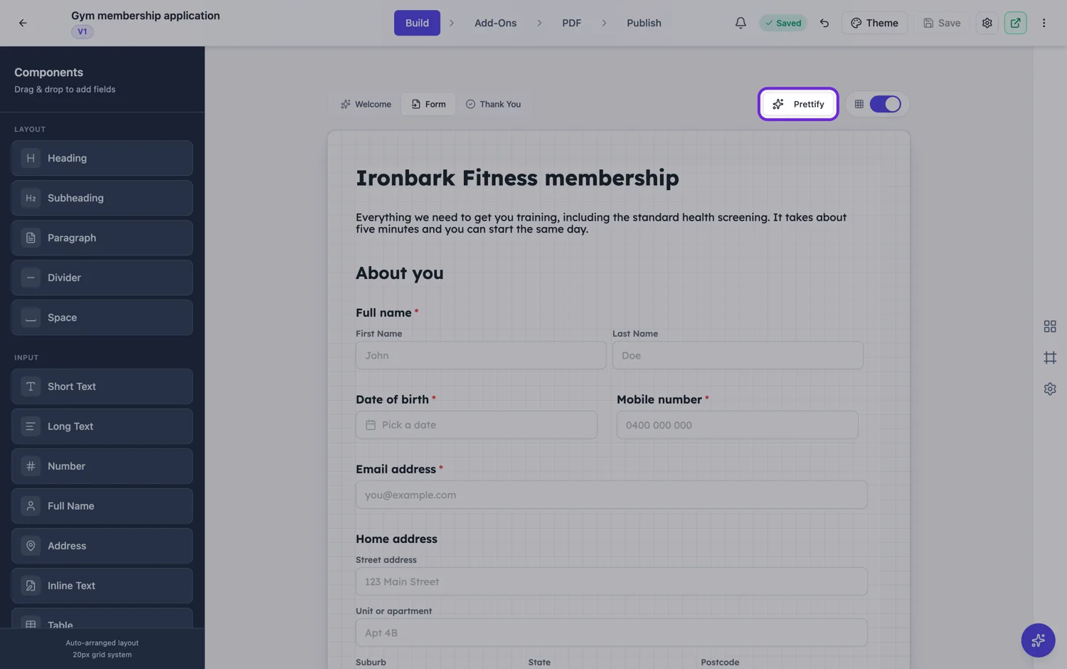 The Prettify button in the classic form builder, highlighted